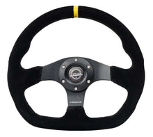 Load image into Gallery viewer, NRG Reinforced Steering Wheel (320mm) Sport Suede Flat Bottom w/ Yellow Center Mark

